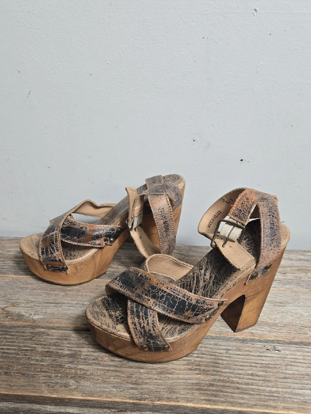 Bed Stu Distressed Vintage-Inspired Brown Platform Boho  Sandal with Wood Heel